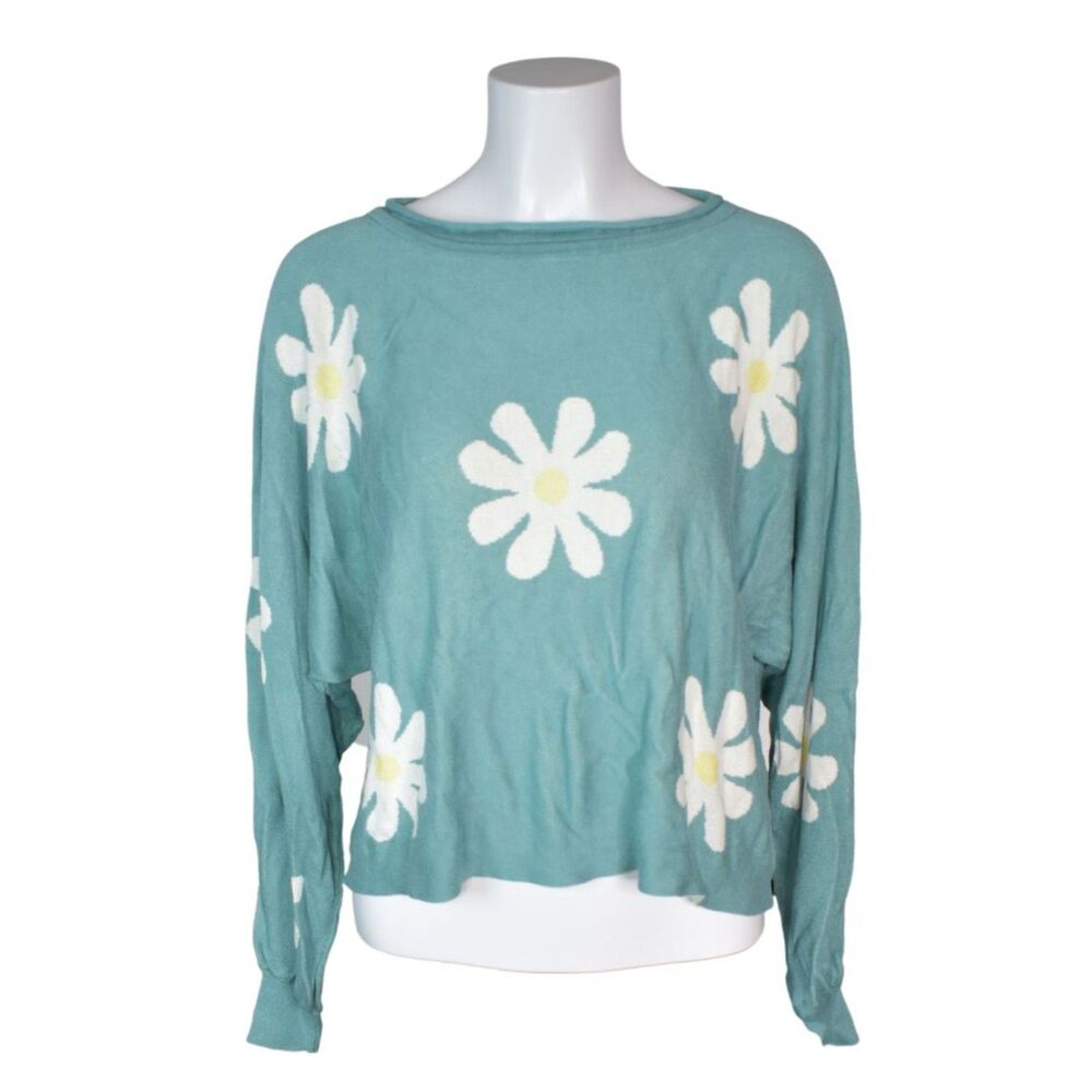 Daisy Cropped Crewneck Sweater Teal Funky Retro Groovy Womens XL